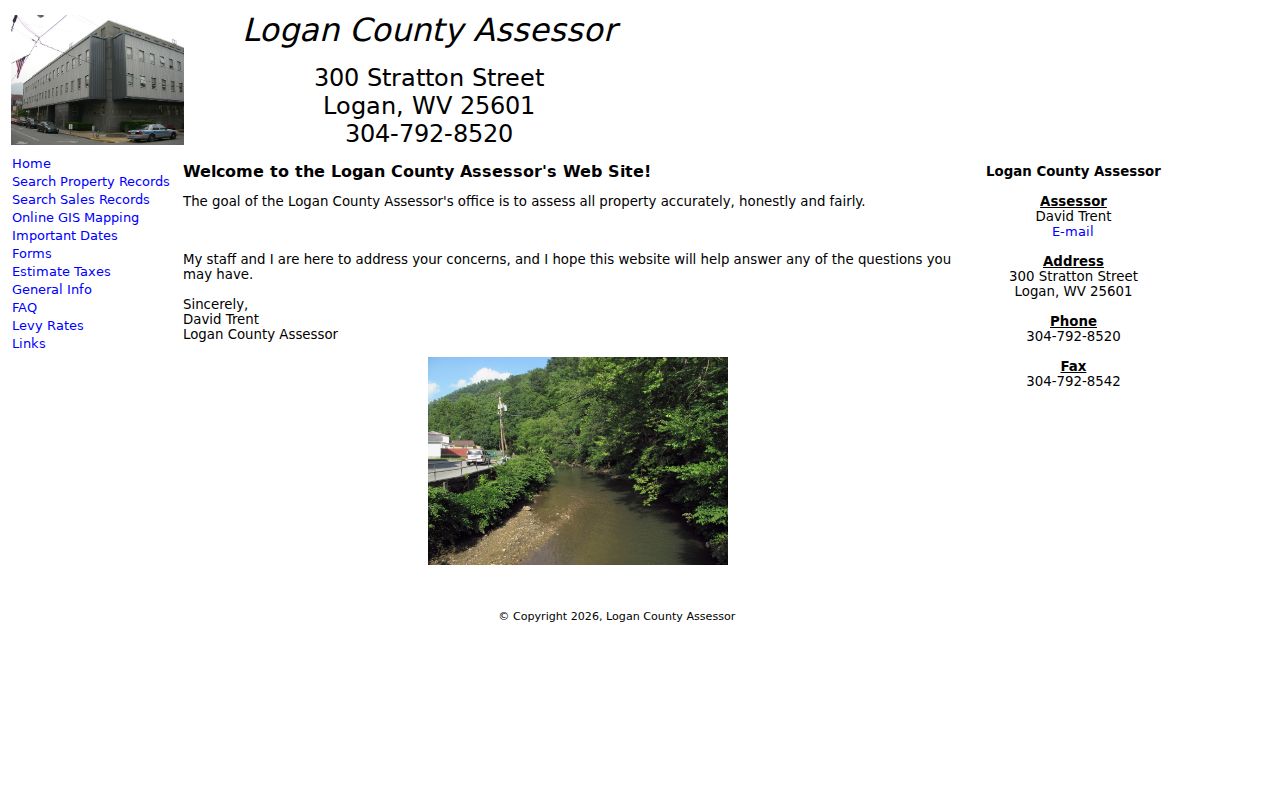 Logan County property search landing page with assessment, sales, GIS, dates, forms, tax estimate, and levy links