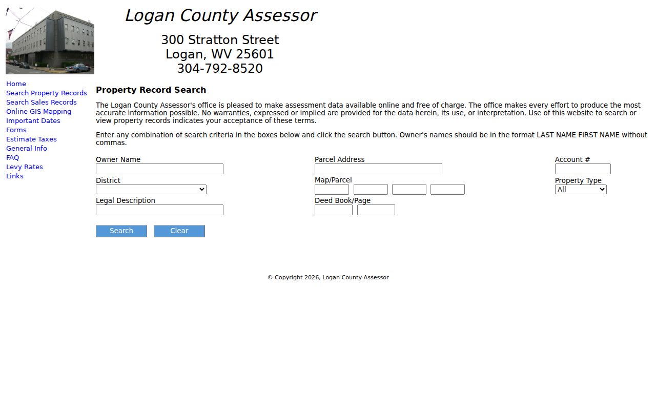 Logan County property records assessor form with address, owner, account, district, map and parcel, legal description, and deed reference fields