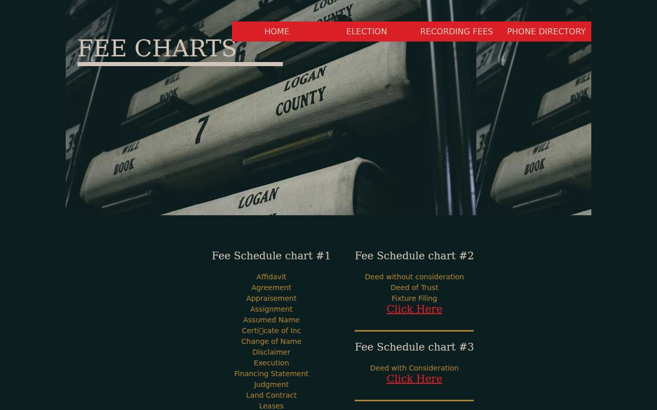 Logan County deed records fee chart showing plat, copy, and certified-copy charges