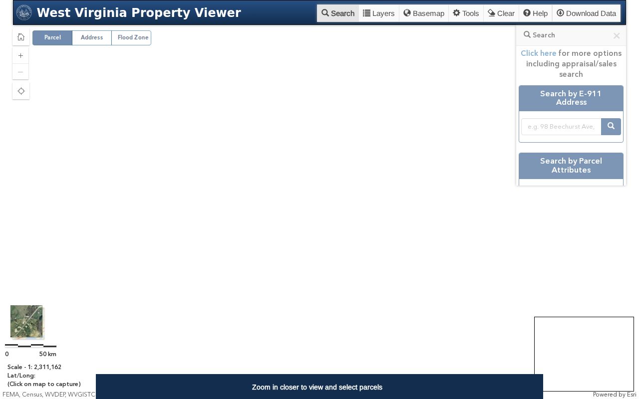 Logan County parcel maps with selected parcel, owner, address, assessment, and flood details in WV Property Viewer