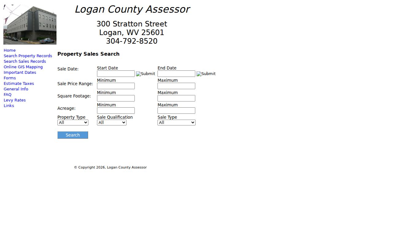 Logan County property value sales search with date, price, size, acreage, type, qualification, and sale filters